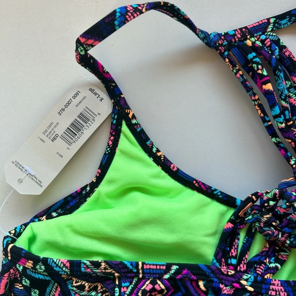 Arizona Jean Company‎ Neon Green Lined Multicolor Tribal Swim Top